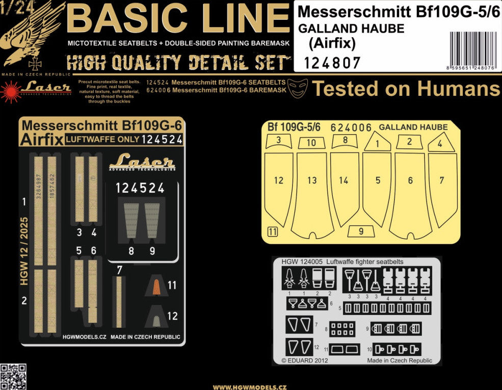 Messerschmitt Bf-109G-5/6 - BASIC LINE - Galland Haube variant.Basic Line contains:1x Seatbelts 1/24 - HGW1245241x Masks 1/24 - HGW624006(designed to be used with Airfix kits)