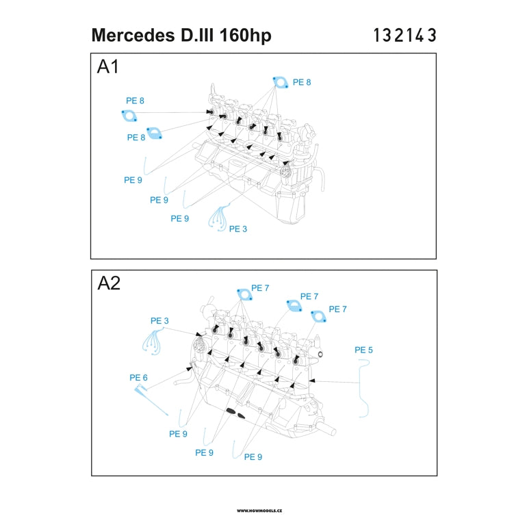 Mercedes D.III 160 hp PE sets (designed to be used with Wingnut Wings kits)