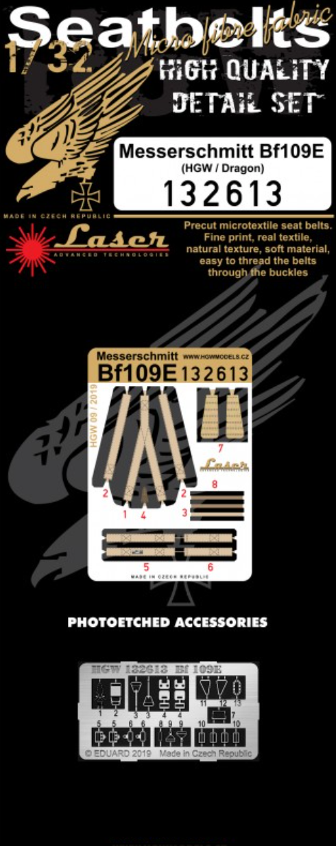 Messerschmitt Bf-109E-7 pre-cut (laser) seatbelts (designed to be used with Dragon, HGW and Trumpeter kits)