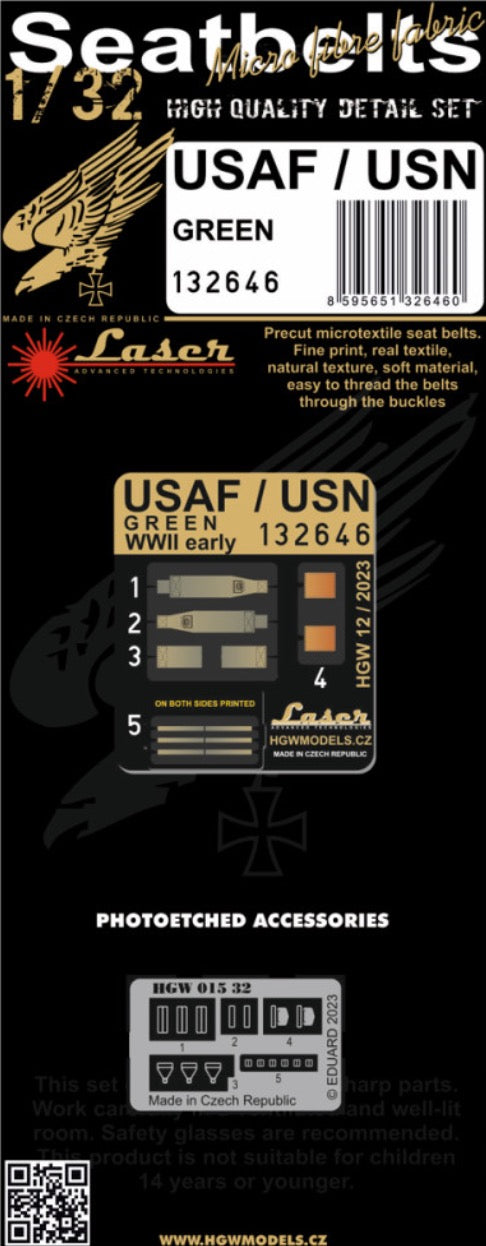 USAF / USN EARLY WWII (GREEN) - SEATBELTS Textile seatbelts type USAF / USN (Green). Belts are made from real microfibre and in combination with included photo etched buckles they look highly realistic.