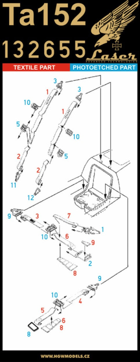 Messerschmitt Ta-152 - SEATBELTS Textile seatbelts in white colour designed for aircraft Ta152. Belts are made from real microfibre and in combination with included photo etched buckles they look highly realistic.
