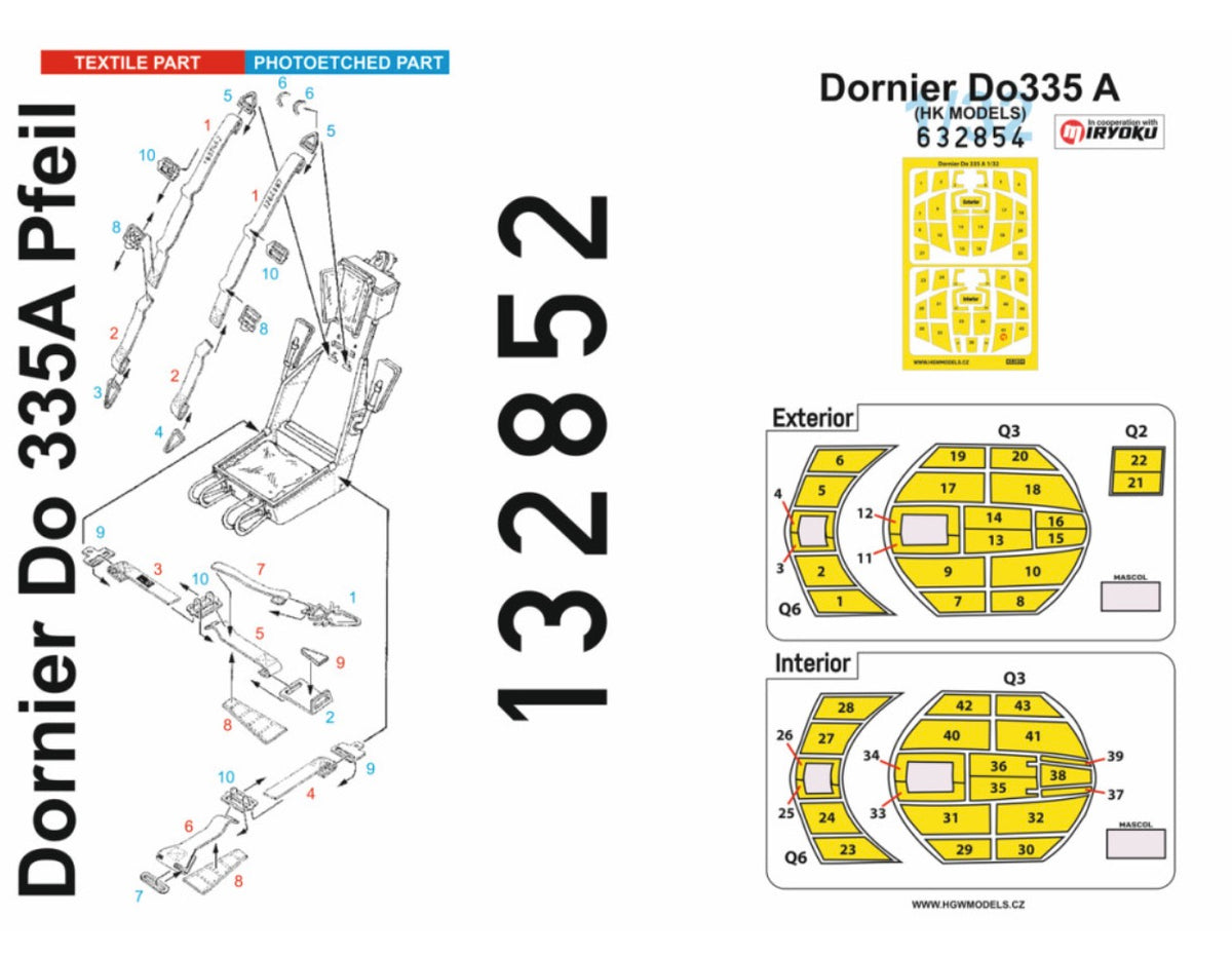 Dornier Do-335A PFEIL - BASIC LINE Basic Line contains:1x Seatbelts 1/32 - 1325461x Masks 1/32 - 632854(designed to be used with Hong Kong Models kits)