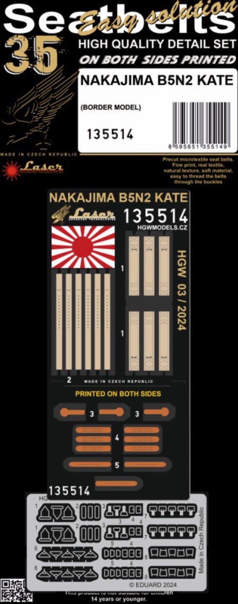 NAKAJIMA B5N-2 KATE - SEATBELTS Textile seatbelts designed for aircraft NAKAJIMA B5N-2 KATE(designed to be used with Border Model kits). Belts are made from real microfibre and in combination with included photo etched buckles they look highly realistic