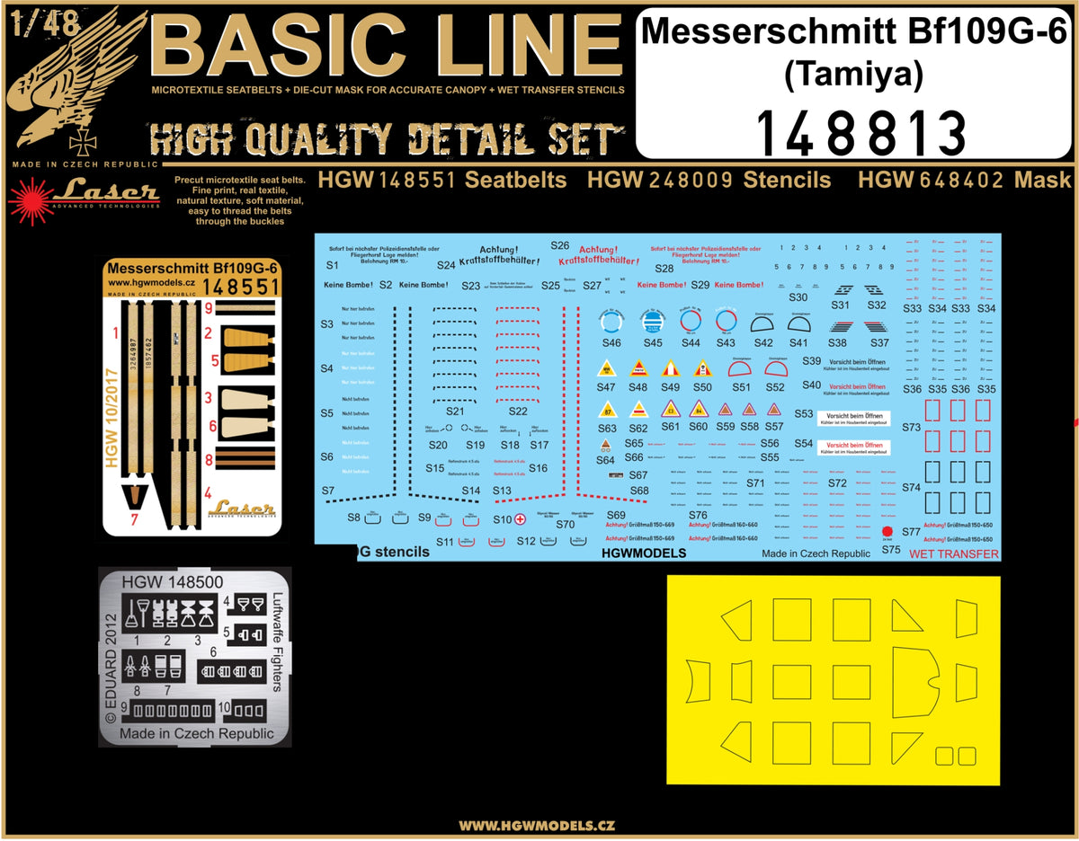 Messerschmitt Bf-109G-6 BASIC LINE: micro textile seatbelts with etched buckles + canopy paint masks and stencil data decals (designed to be used with Tamiya kits)