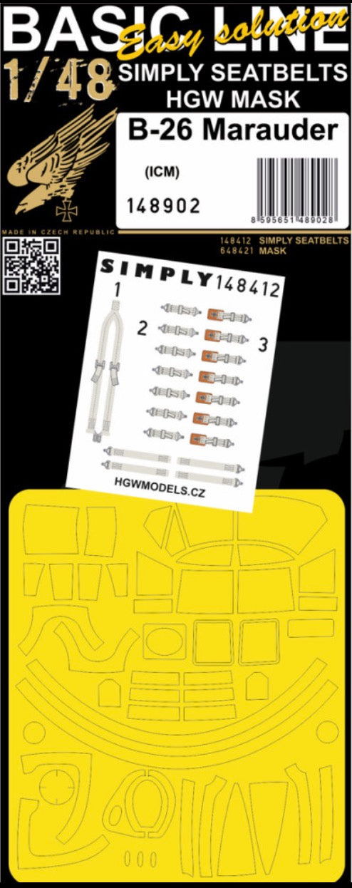 Martin B-26 MARAUDER - BASIC LINE 1/48 - Basic Line contains:1x Seatbelts 1/48 - 1484121x Masks 1/48 - 648421Recommended (designed to be used with ICM UA UK kits) kit