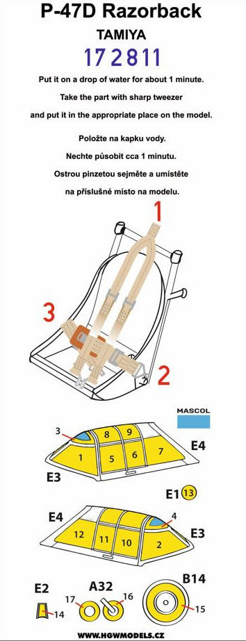 Republic P-47D Thunderbolt RAZORBACK seatbelts and canopy/wheels paint mask (designed to be used with Tamiya kits) - BASIC LINE