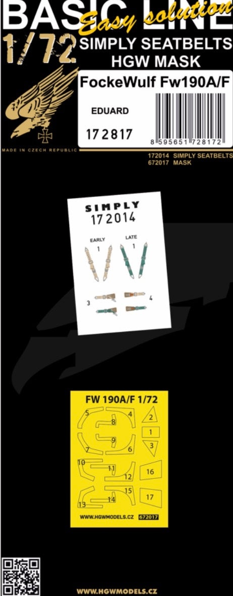 FOCKE-WULF Fw-190A/Fw-190F (designed to be used with Eduard kits) - BASIC LINE 1/72 - 172817BASIC LINE CONTAINS:1X SEATBELTS 1/72 - 1720141X MASKS 1/72 - 672017