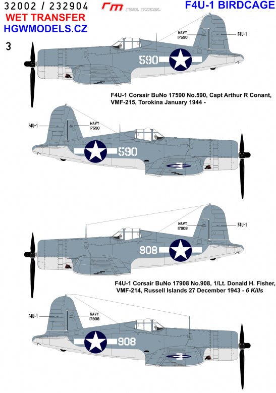 Vought F4U-1A Corsair Aces Birdcage (designed to be used with Tamiya kits) Wet Transfers