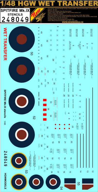 Supermarine Spitfire Mk.IXC/Mk.IXE - Markings + Stencils (designed to be used with Eduard kits)	Wet Transfers Package contents:-14x Markings -3x Stencils