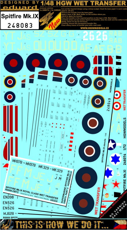Supermarine Spitfire Mk.IXC/Mk.IXE - Markings + Stencils (designed to be used with Eduard kits)	Wet Transfers Package contents:-14x Markings -3x Stencils