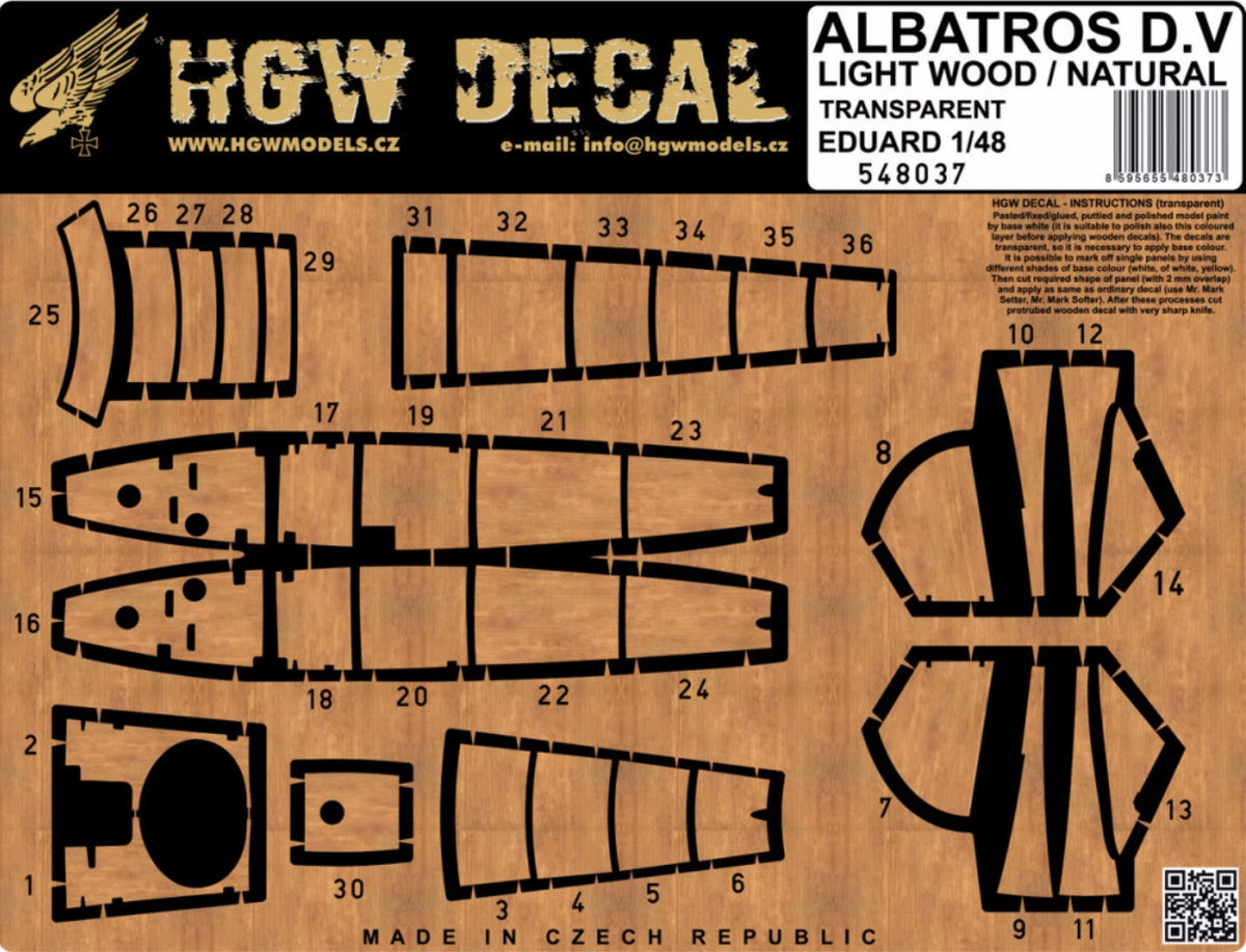 ALBATROS D.V / D.VA - LASER-CUT DECAL . Decal set designed for model Albatros D.V / D.Va in 1/48 scale from Eduard. This is light wood (natural) imitation. Decal is transparent so it is necessary to apply it to painted surface.