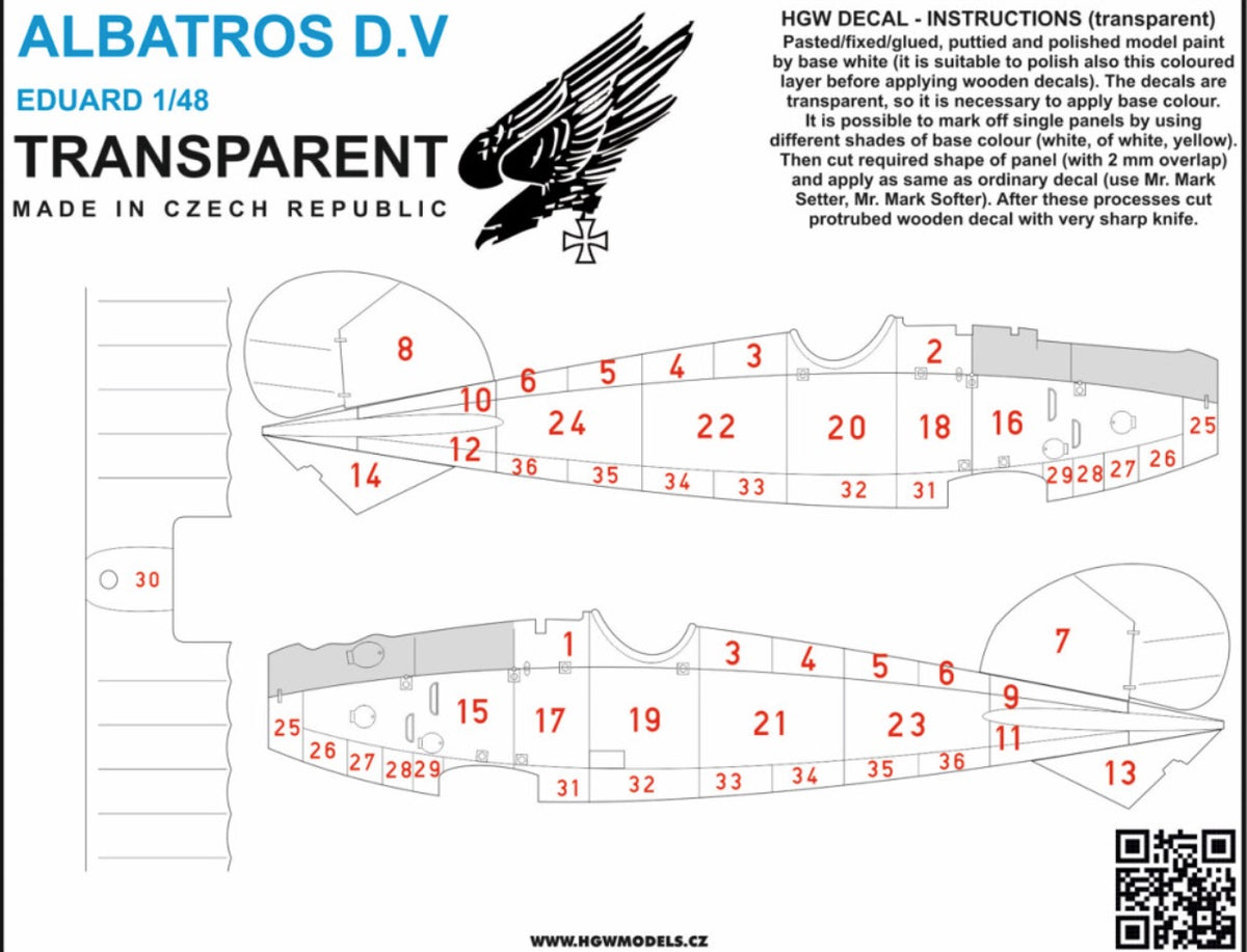 ALBATROS D.V / D.VA - LASER-CUT DECAL . Decal set designed for model Albatros D.V / D.Va in 1/48 scale from Eduard. This is light wood (natural) imitation. Decal is transparent so it is necessary to apply it to painted surface.