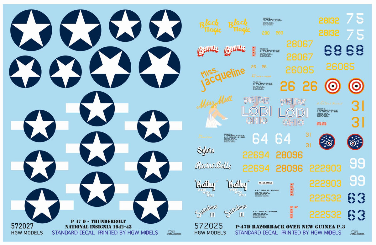 Republic P-47D Thunderbolt RAZORBACK OVER NEW GUINEA pt. 3 STANDARD DECALS
