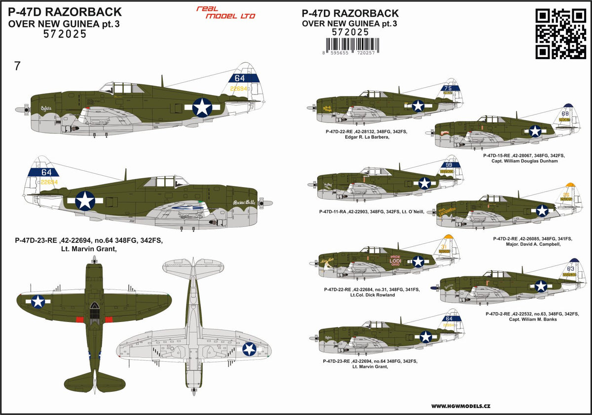 Republic P-47D Thunderbolt RAZORBACK OVER NEW GUINEA pt. 3 STANDARD DECALS