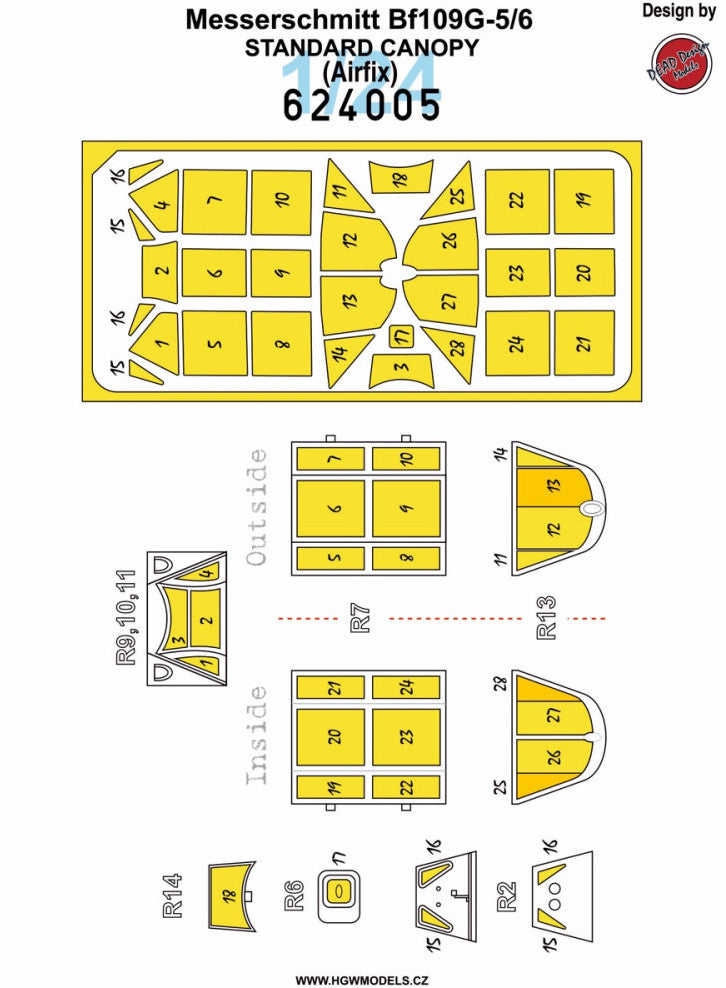 Messerschmitt Bf-109G-5/6 - standard canopy masking patterns, for clear parts. Printed number on each part - for better orientation during application (designed to be used with Airfix kits)