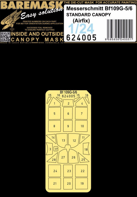 Messerschmitt Bf-109G-5/6 - standard canopy masking patterns, for clear parts. Printed number on each part - for better orientation during application (designed to be used with Airfix kits)