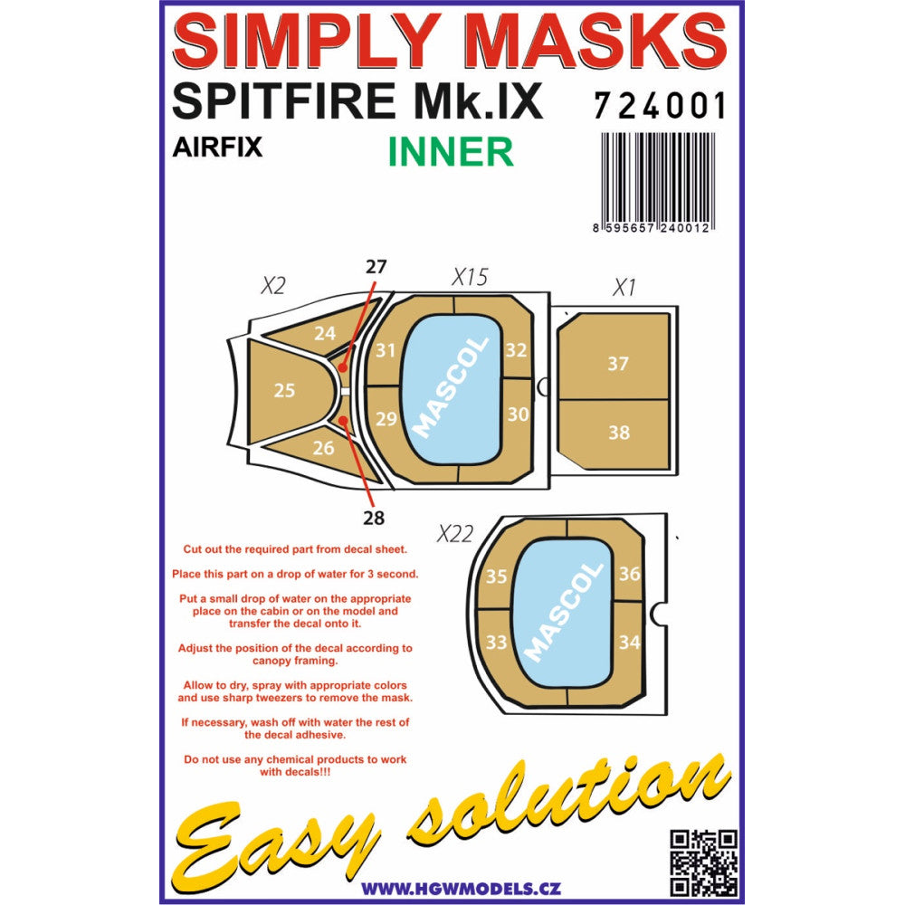 Supermarine SPITFIRE MK.IX - SIMPLY MASKS Canopy masks. Designed for Airfix.Easy solution.