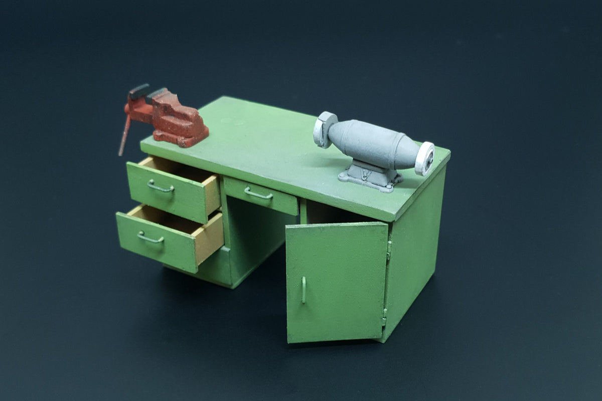 Workbench with table grinder and vise. Resin kit of workshop table
