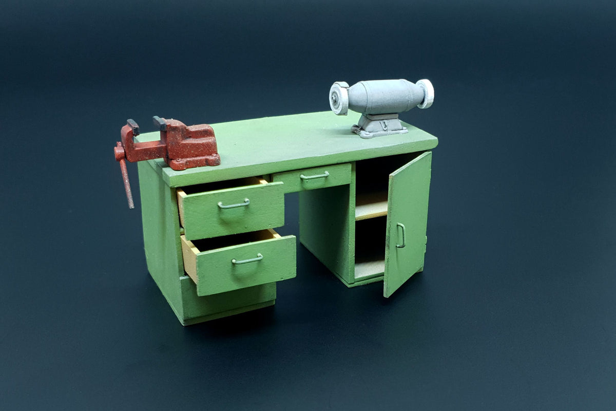 Workbench with table grinder and vise. Resin kit of workshop table