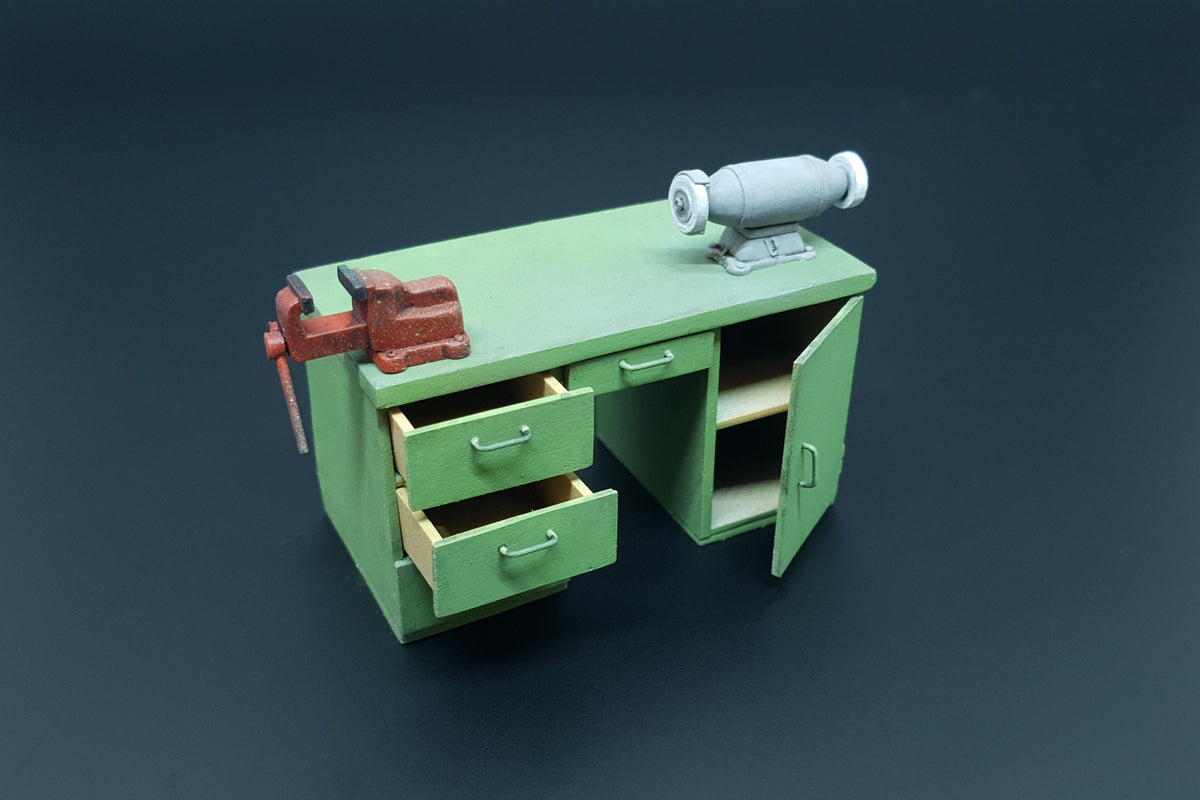 Workbench with table grinder and vise. Resin kit of workshop table