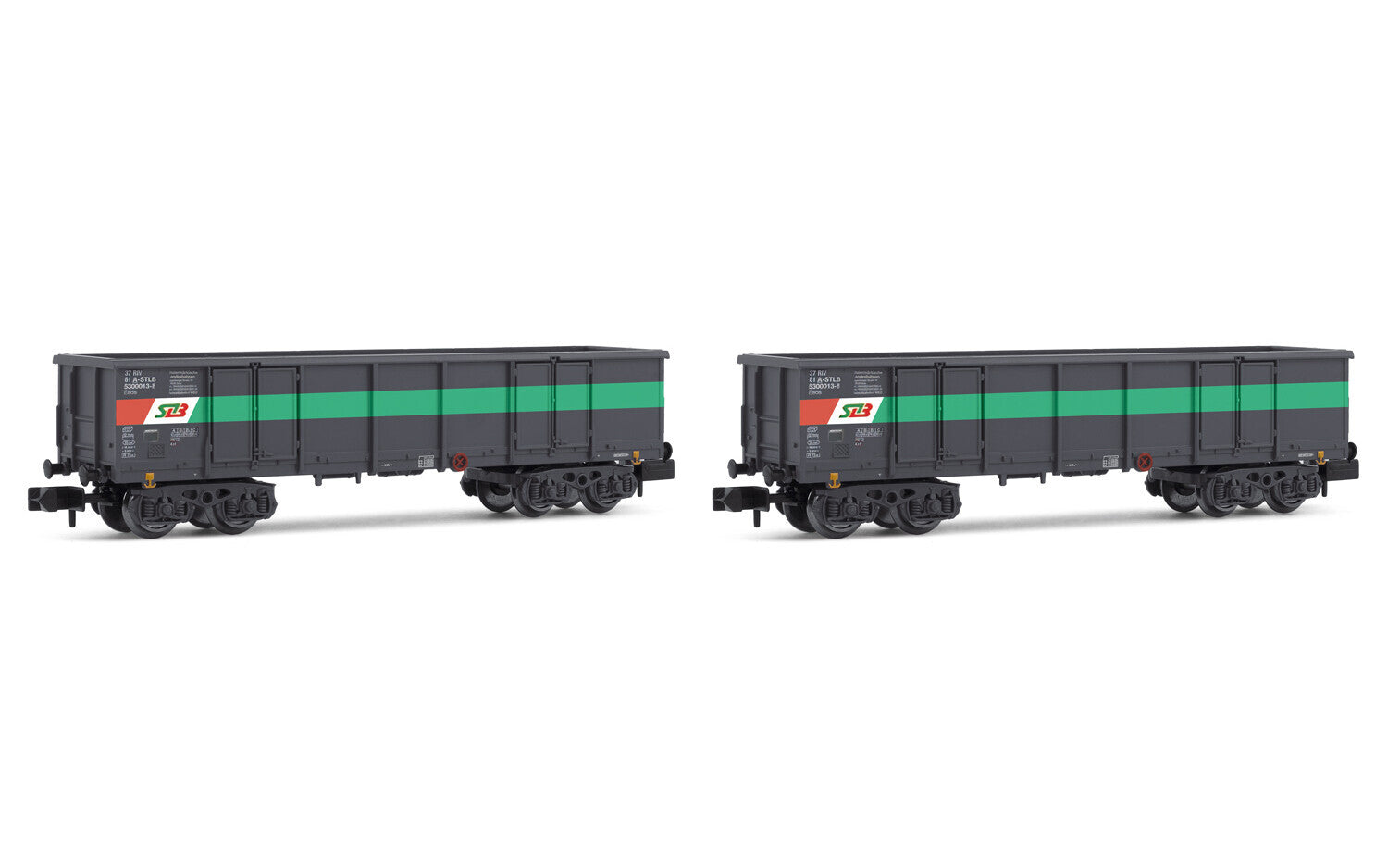 STLB 2-unit set 4-axle open wagons Eaos grey green red livery loaded with scrap period V-VI