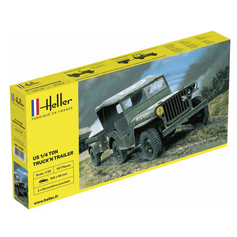 Heller 1/35 Ww2 Us Army Jeep Willis &amp; Trailer 81105