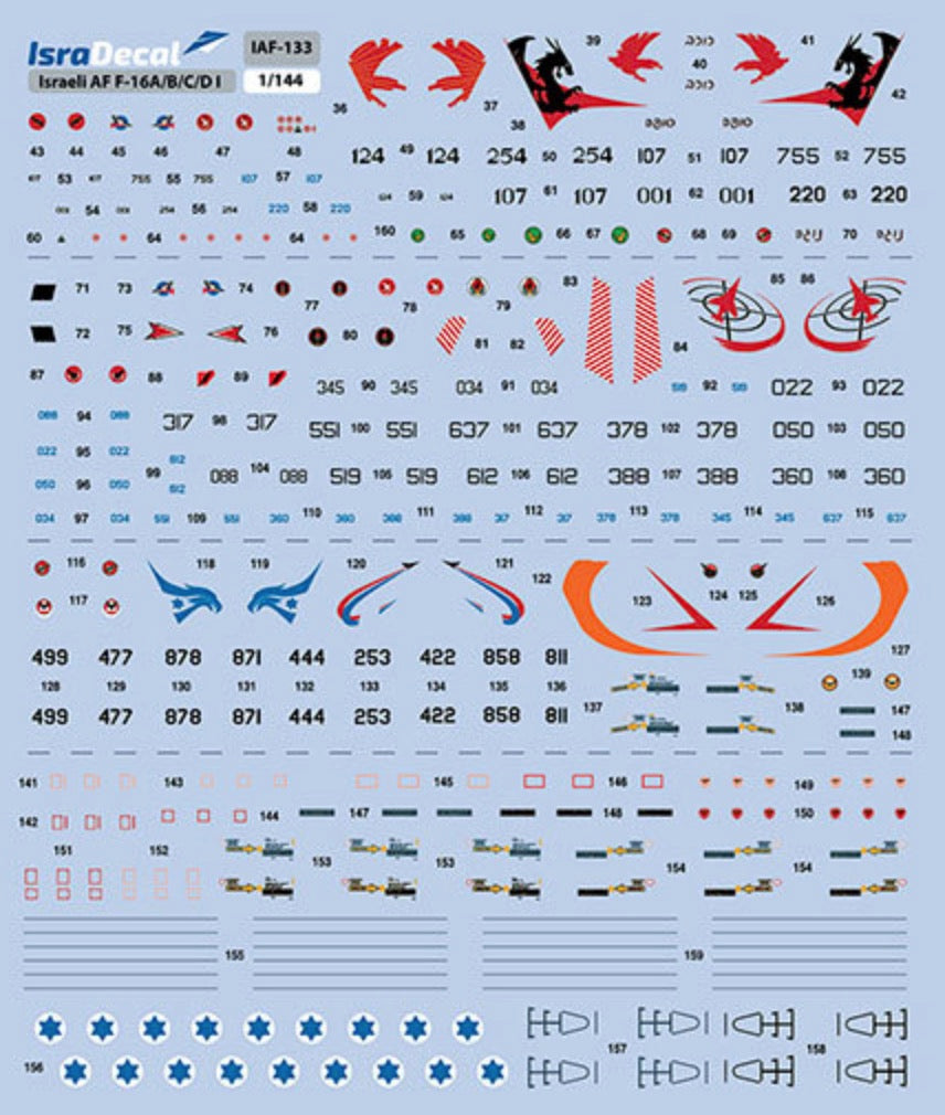 All IAF Lockheed-Martin F-16sMarkings for the 'Netz', 'Sufa' and 'Barak'. Instructions e-booklet available for download from www.isradecal.com/instructions