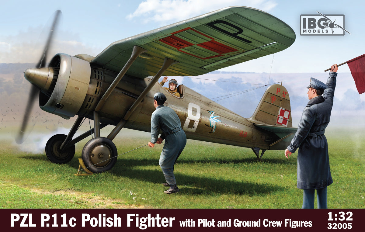 PZL P.11c Polish Fighter with Pilot and Ground Crew Figures