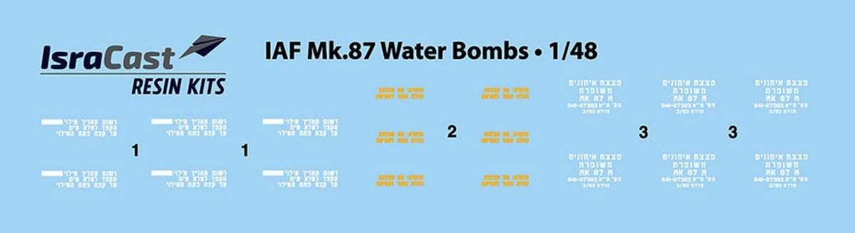 IAF Mk.87 Practice Bombs For all IAF fighter aircraft since the 1980's.Containing: 6 bombs.Including: 3D resin printed parts, decals and assembly instructions.