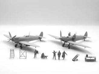 ICM WWII RAF Airfield Set, Spitfire Mk.IX & Spitfire Mk.VII, RAF Pilots & Ground Personnel (7 Figures)