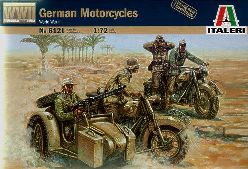 German (WWII) Motorcycles. (box contains 16 figures and 4 motorcycles with 2 side cars)-