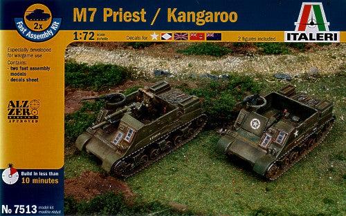 M7 Priest 105mm Howitzer Motor Carriage includes 2 snap together vehicles. Decals British Army and U.S. Army. This will also make a Kangaroo, of the New Zealand Army in Norther Italy, 1944. This is the version without the gun.