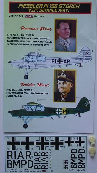 Fieseler Fi-156C-3 'Storch' VIP service - Part I. Aircraft used by Herman Goering and Walther Model (designed to be used with Academy, Heller and SMER kits)