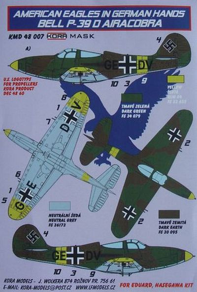 American Eagles in German hands Bell P-39D Airacobra (designed to be used with Eduard kits and Hasegawa kits) National Insignia and markings paint masks for 1 marking option for Eduard kits, Hasegawa kit