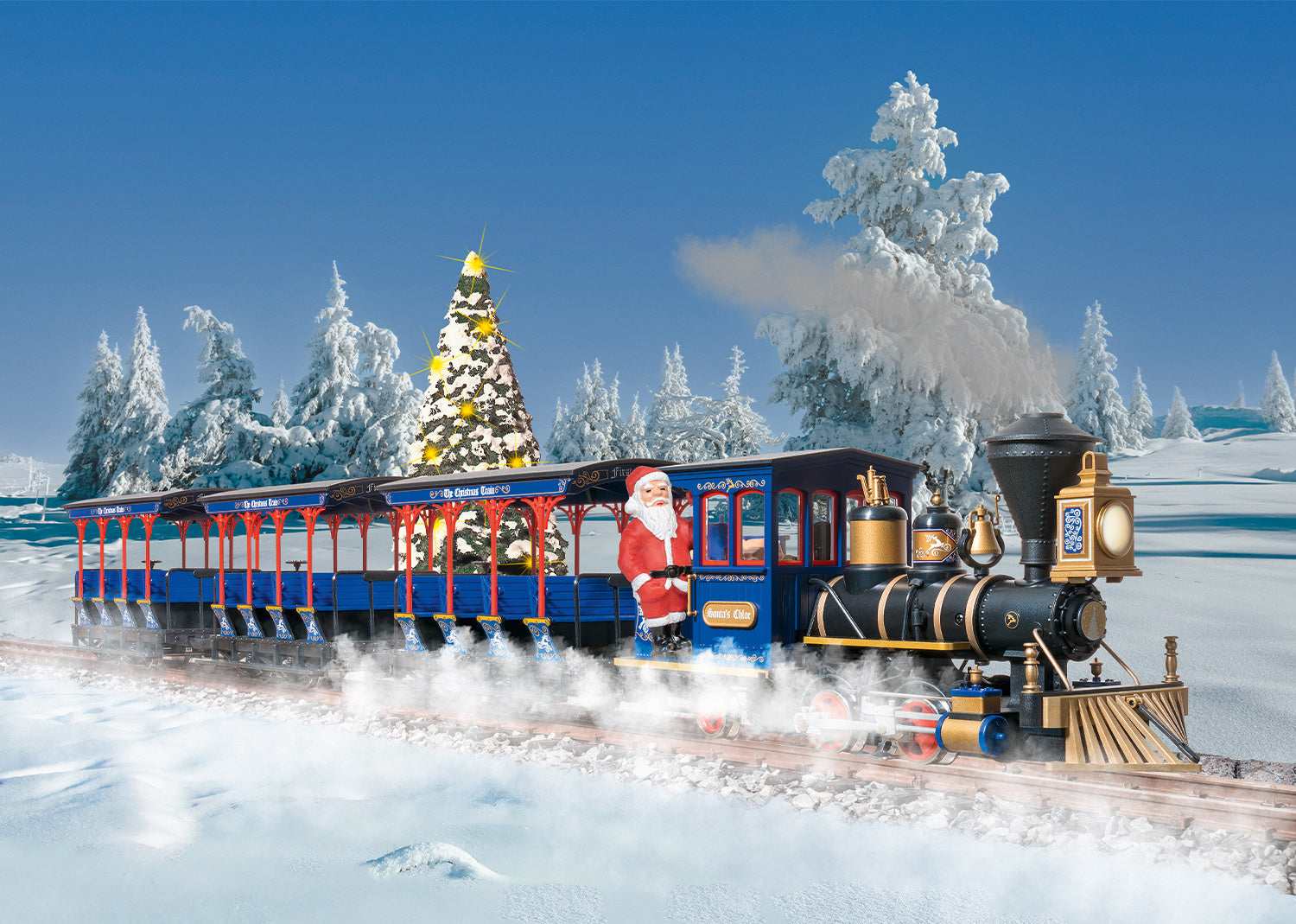 Toy train with Santa Claus figure on a snowy landscape