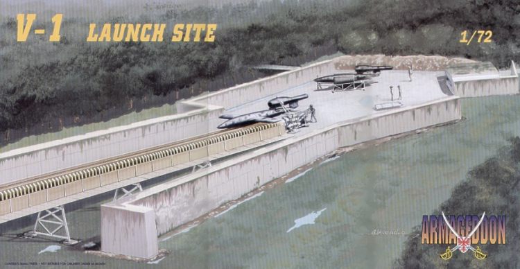 Fieseler V-1 Fi-103 rocket launch site.Launch ramp Protecting walls2 flying bombsPower unitCommand BunkerService cart