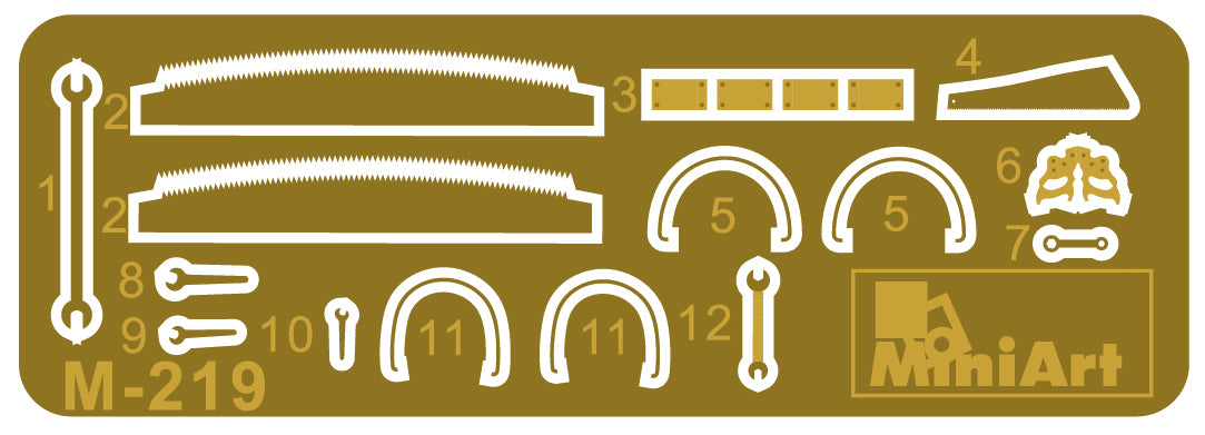 Model kit parts on a gold label with MiniArt branding