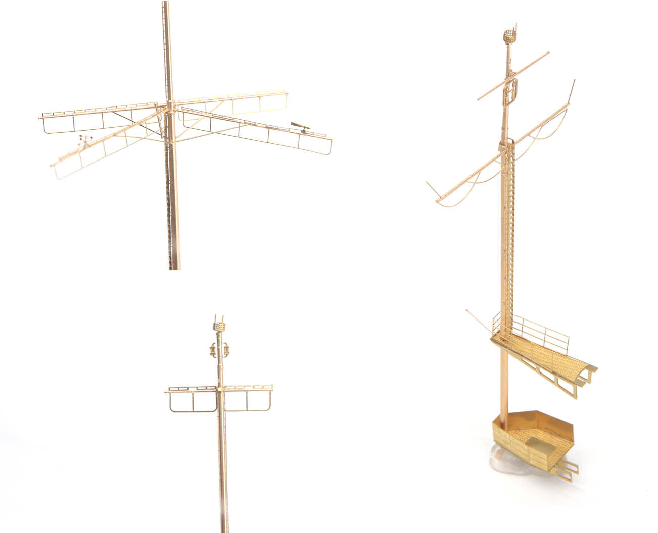 Close-up of DKM Scharnhorst model kit detailing parts including brass masts and platforms for ship modeling.