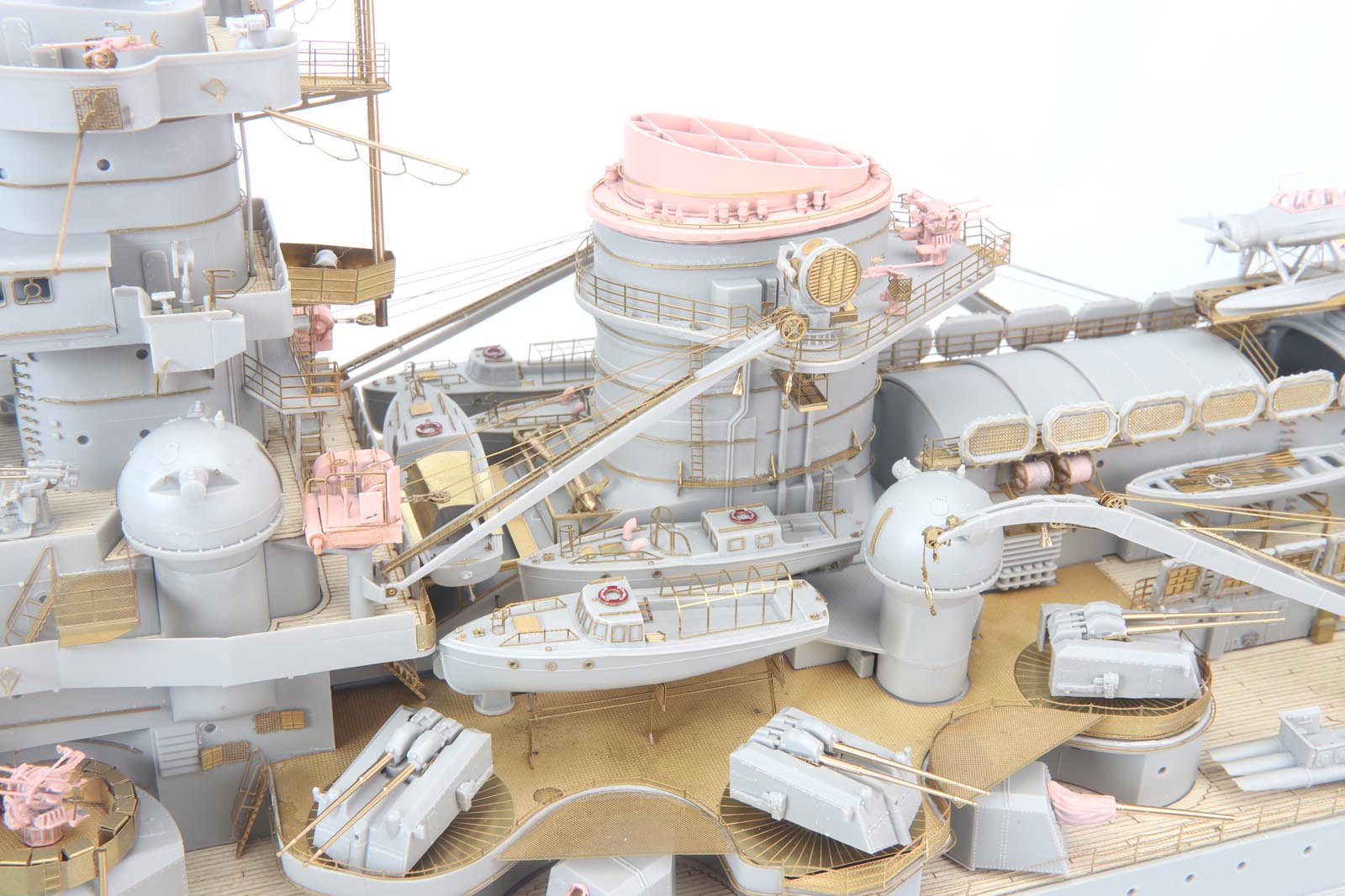Detailed view of DKM Scharnhorst model kit showing brass and wood elements from Mk.1 Design DX Pack - MD-20024.