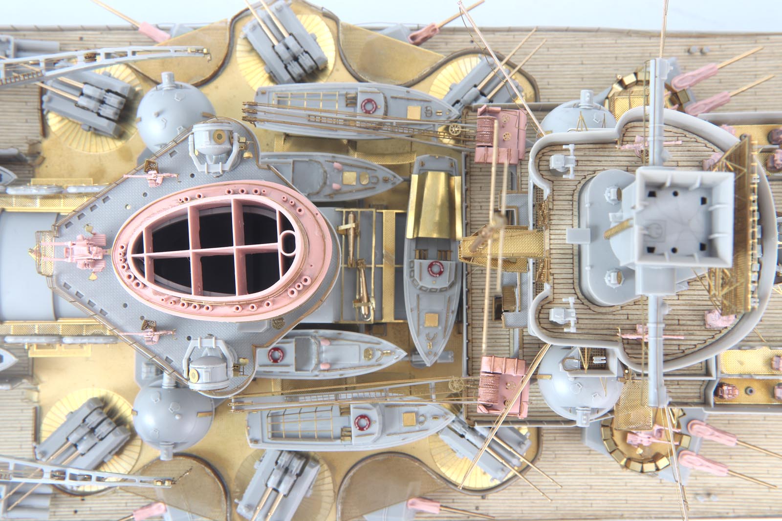DKM Scharnhorst model kit detailed view with various ship components and accessories.