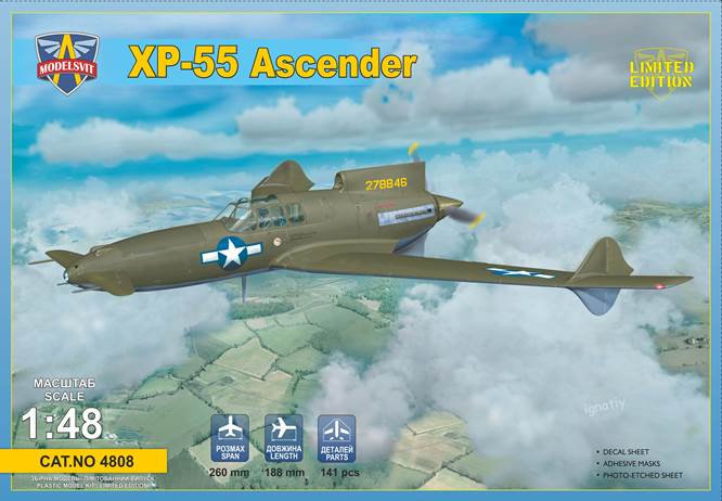 Curtiss-Wright XP-55 AscenderKit includes: 141 parts; Detailed cabin; PE sheet Painting masks Decals for 2 marking variants;