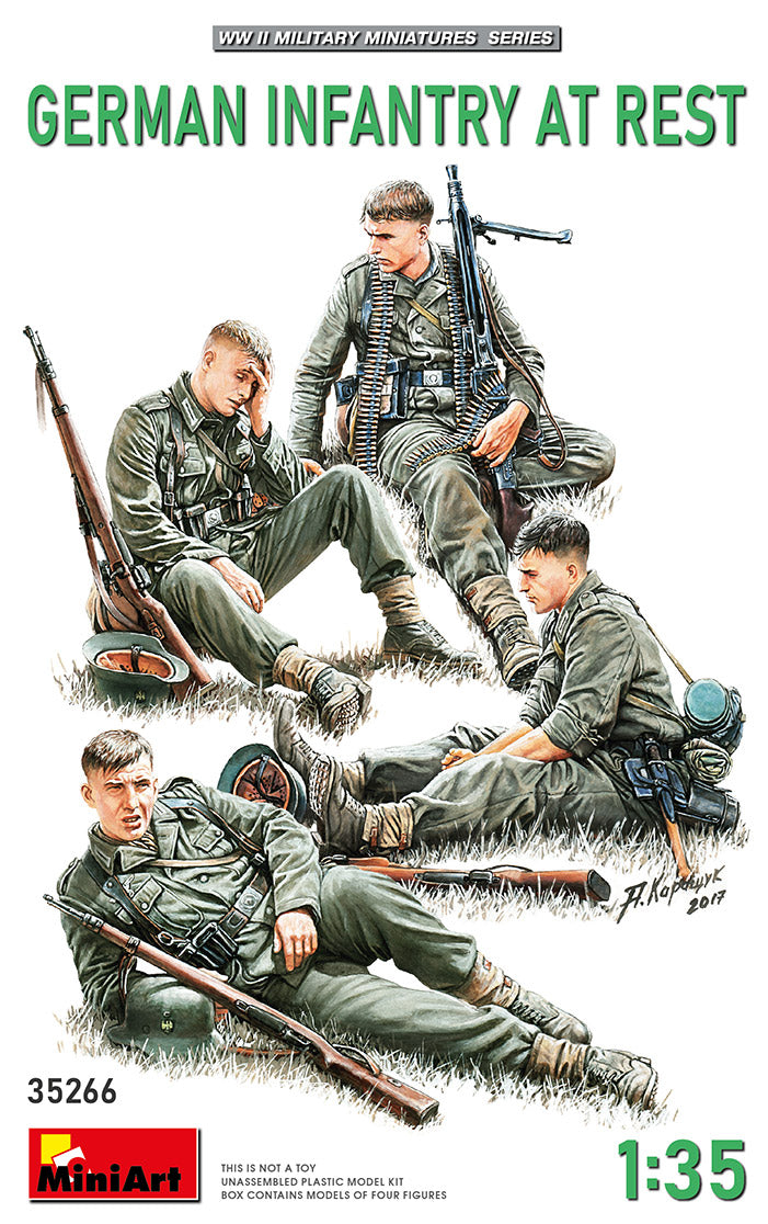 GERMAN INFANTRY (WWII) AT REST UNASSEMBLED PLASTIC MODEL KITBOX CONTAINS MODELS OF FOUR FIGURES WITH WEAPON AND EQUIPMENT