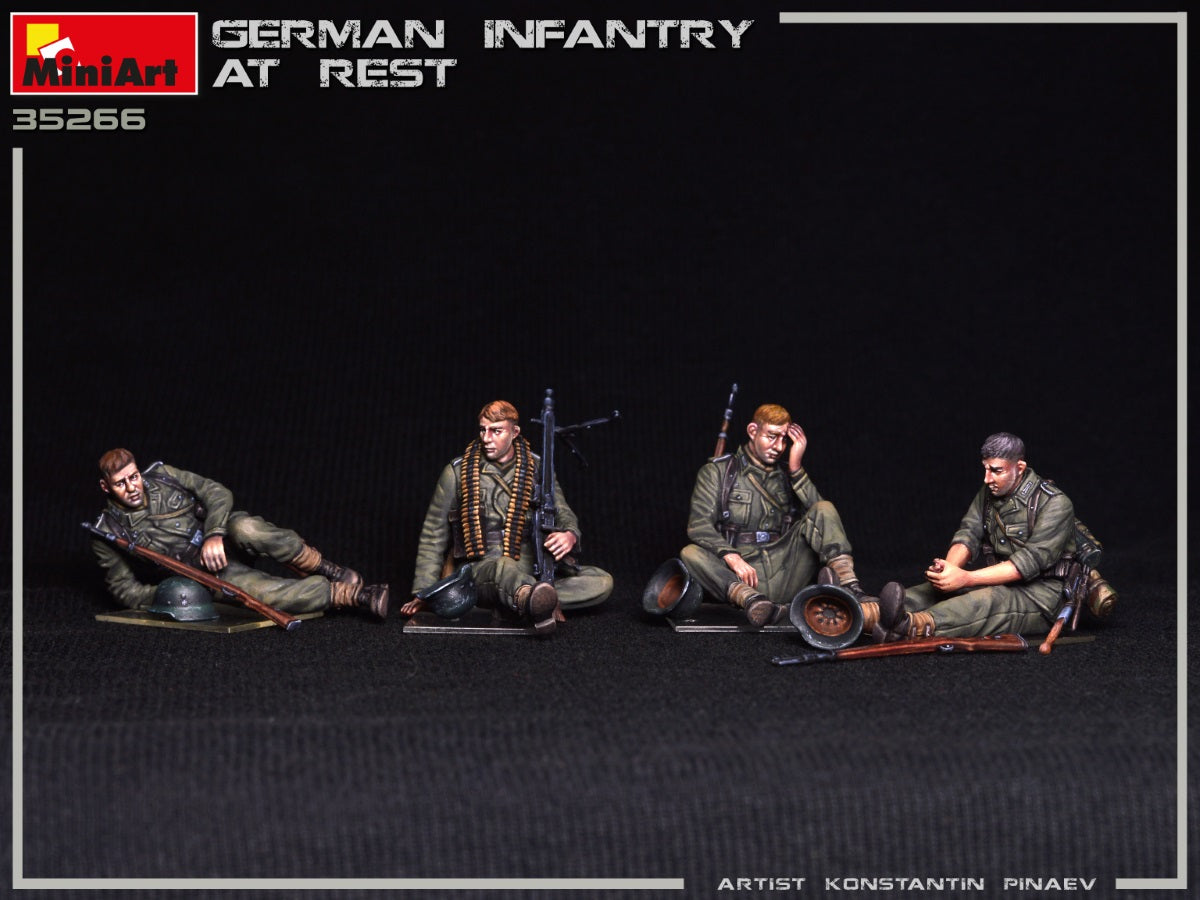 GERMAN INFANTRY (WWII) AT REST UNASSEMBLED PLASTIC MODEL KITBOX CONTAINS MODELS OF FOUR FIGURES WITH WEAPON AND EQUIPMENT