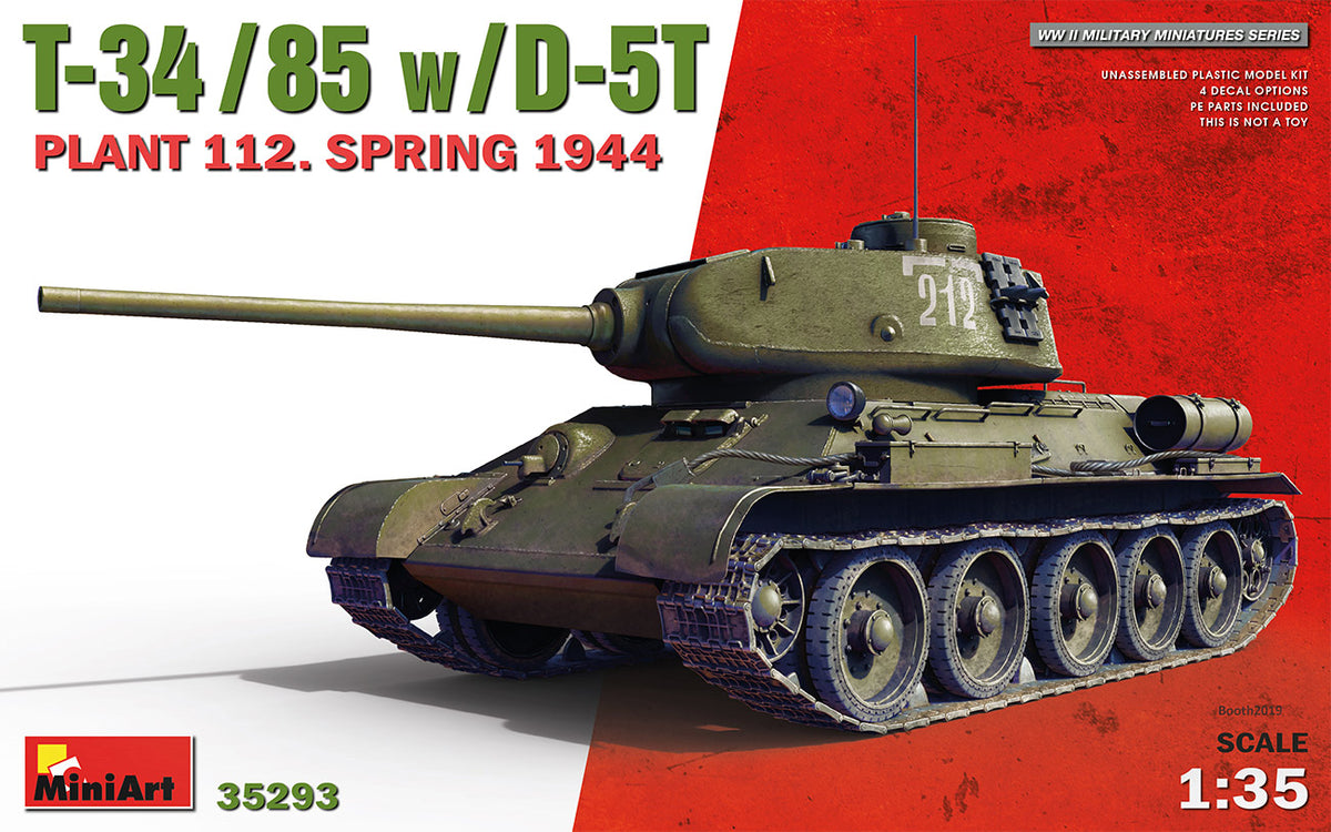 Soviet T-34/85 w/D-5T PLANT 112. SPRING 1944 HIGHLY DETAILED MODELSEPARATE TRACK LINKSDECAL SHEET FOR 4 OPTIONSPHOTO-ETCHED PARTS INCLUDED