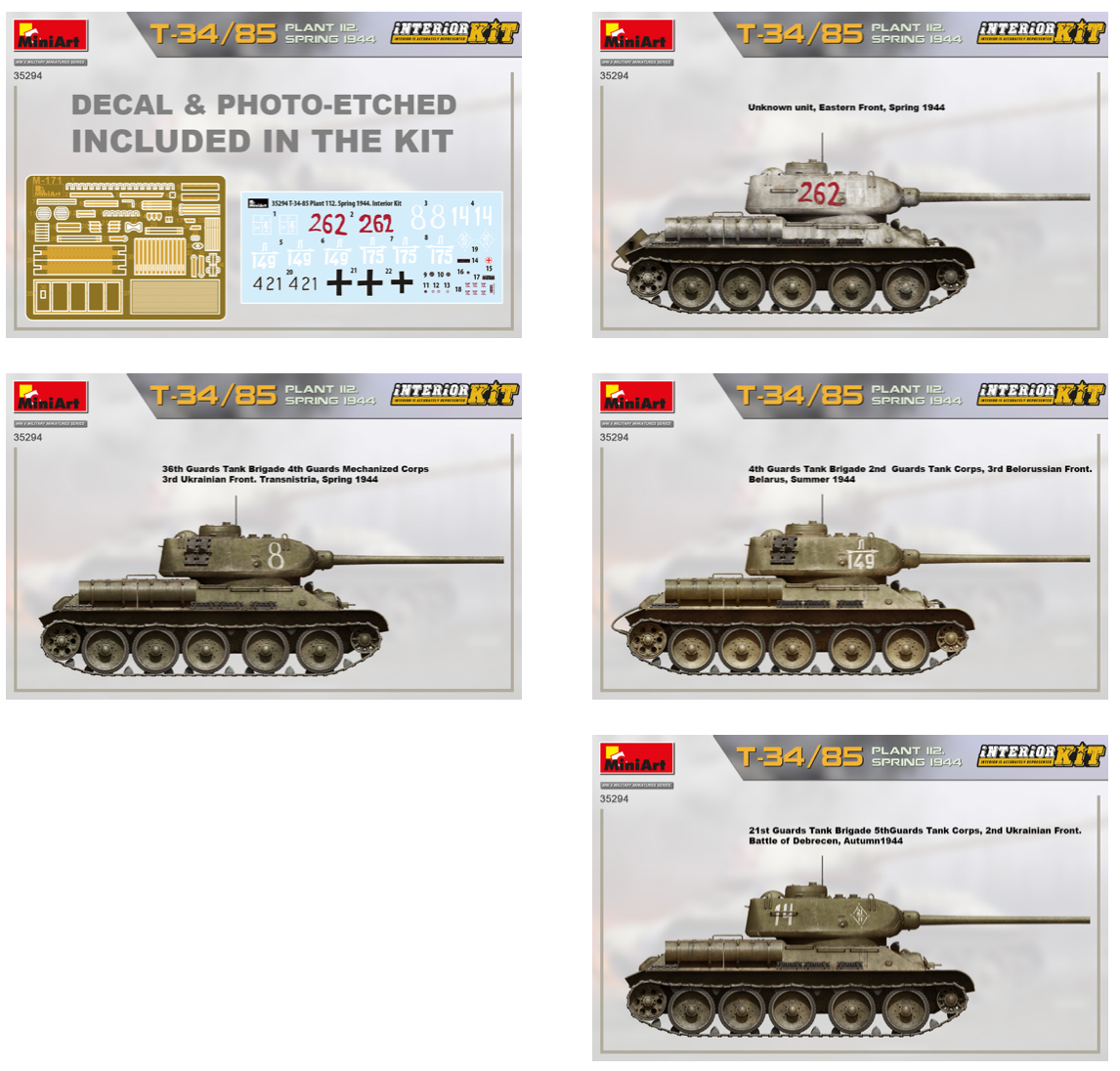 Soviet T-34/85 PLANT 112. SPRING 1944. INTERIOR KITUNASSEMBLED PLASTIC MODEL KITKIT CONTAINS MODEL OF MEDIUM TANKPE PARTS ARE INCLUDED6 DECAL OPTIONS
