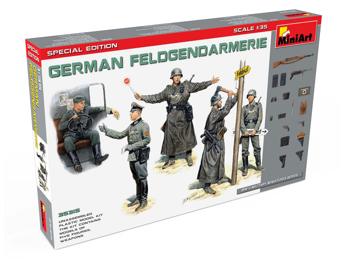 German Feldgendarmie. SPECIAL EDITION Kit contents 5 figurines of German Feldgendarmerie with weapon, equipment and road signs.