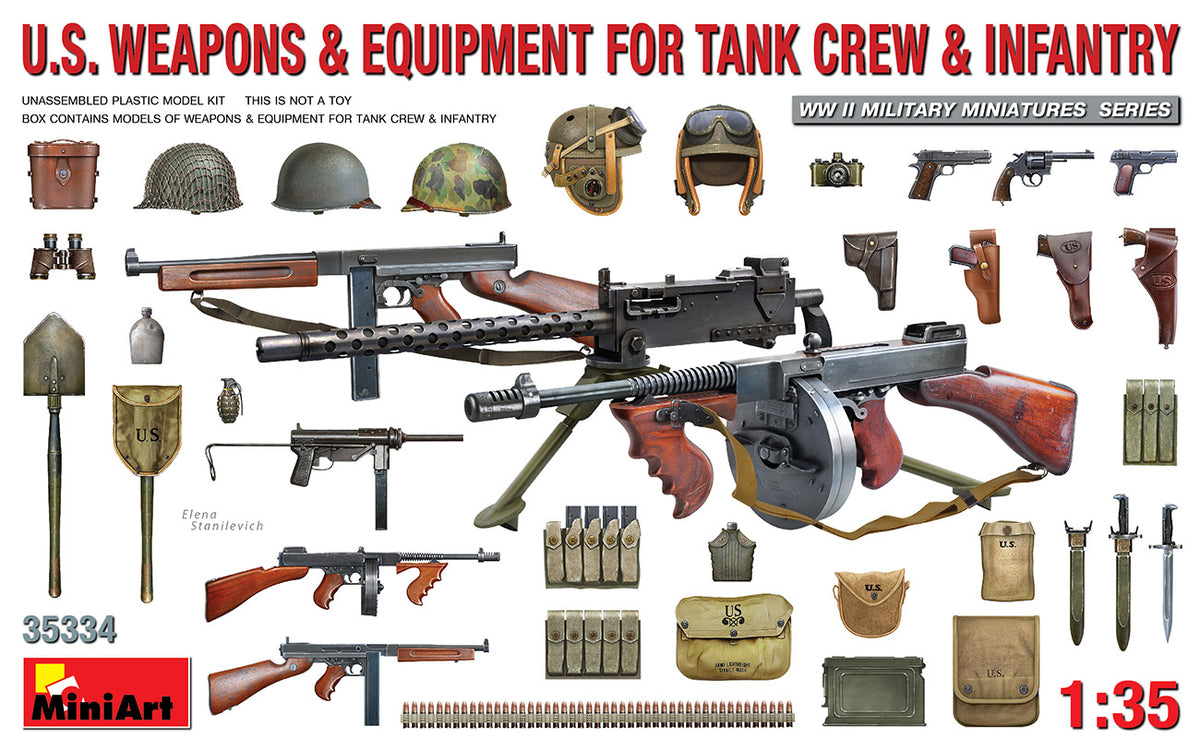 U.S. WEAPONS & EQUIPMENT FOR TANK CREW & INFANTRYUnassembled Plastic Model KitBox contains parts for assembling models of U.S. Weapons & Equipment for Tank Crew & Infantry