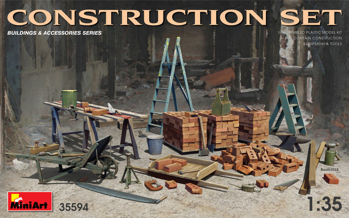 CONSTRUCTION SET Kit contains models of: ladders, table, buckets, bricks, cart, anvil, beams, jack stand and tools