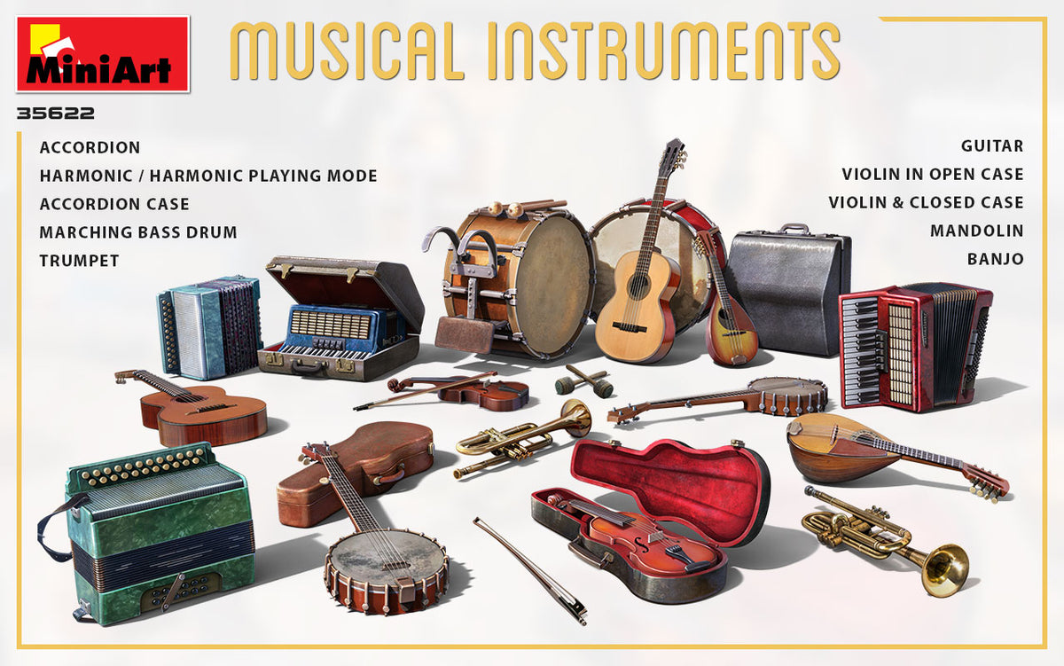 MUSICAL INSTRUMENTS UNASSEMBLED PLASTIC MODEL KITBOX CONTAINS SCALE MODELS OF MUSICAL INSTRUMENTS