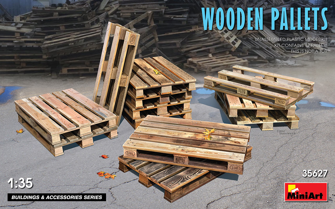 MiniArt Wooden pallets x 12. Unassembled Plastic Model Kit including decals